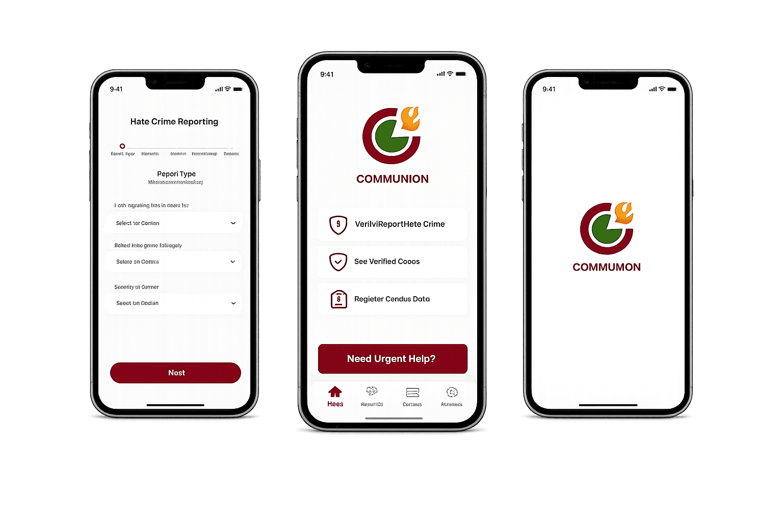 Communion mobile app screens for hate-crime reporting, home dashboard, and splash.